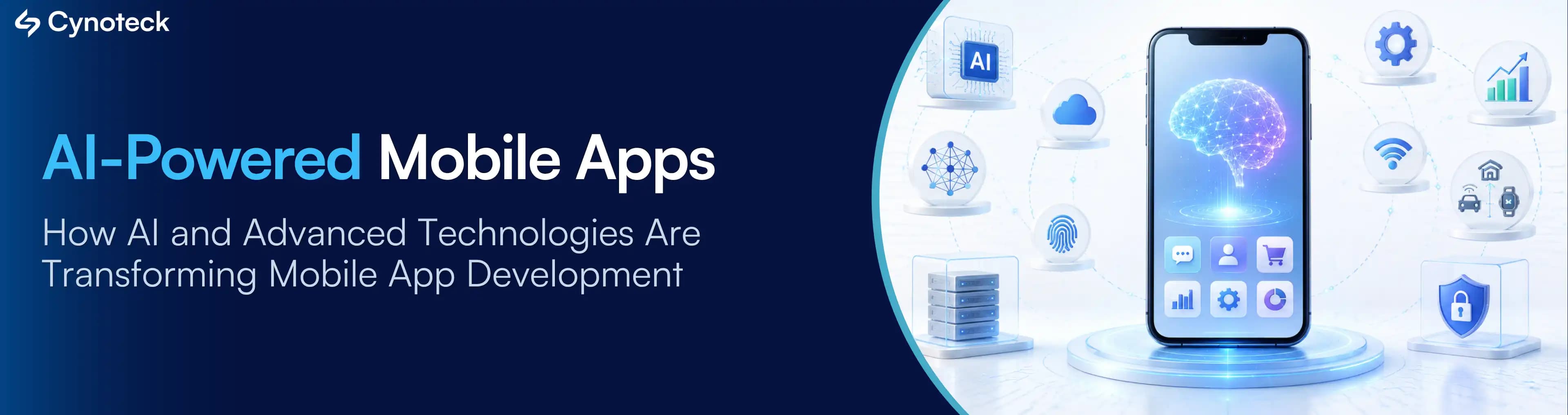 3D illustration of an AI-powered mobile app connected with cloud, IoT, analytics, and intelligent technologies, representing the future of mobile app development.
