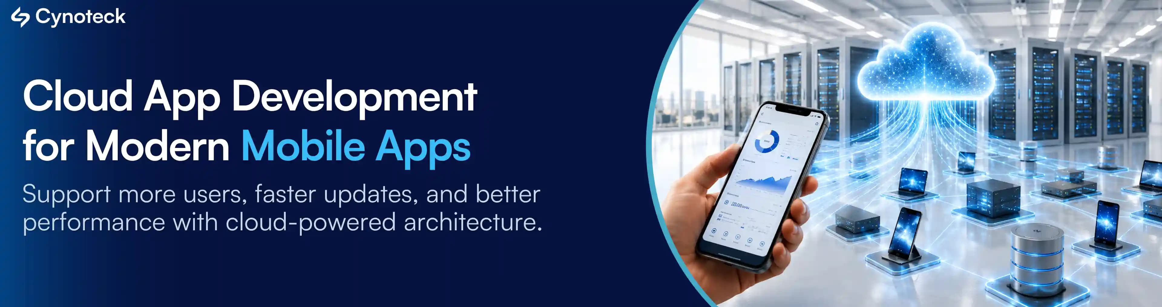 Smartphone connected to cloud infrastructure illustrating scalable cloud app development for mobile apps.