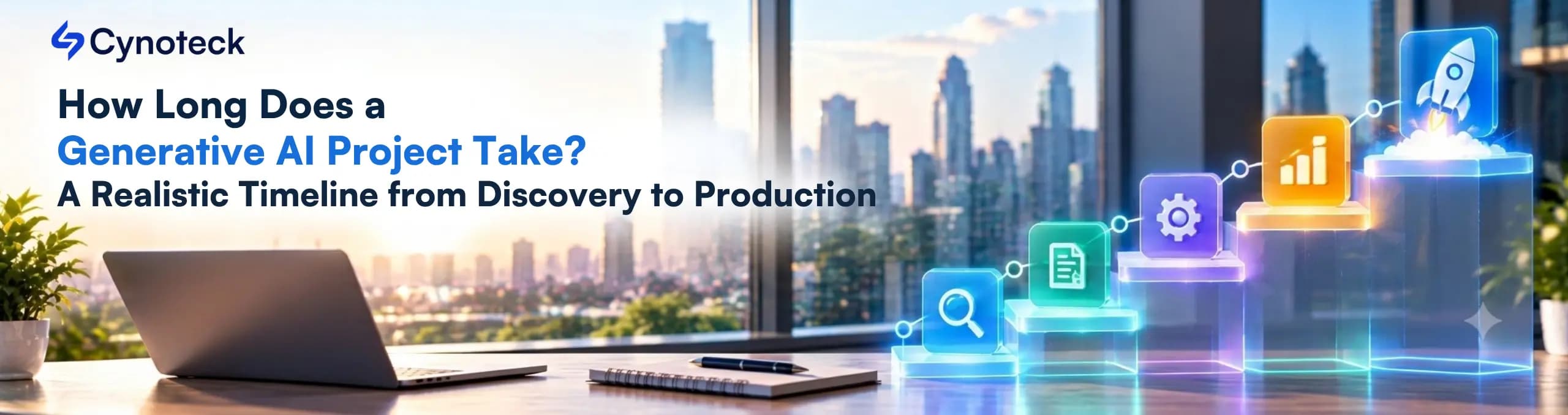 Generative AI project timeline from discovery and planning to development, testing, deployment, and production